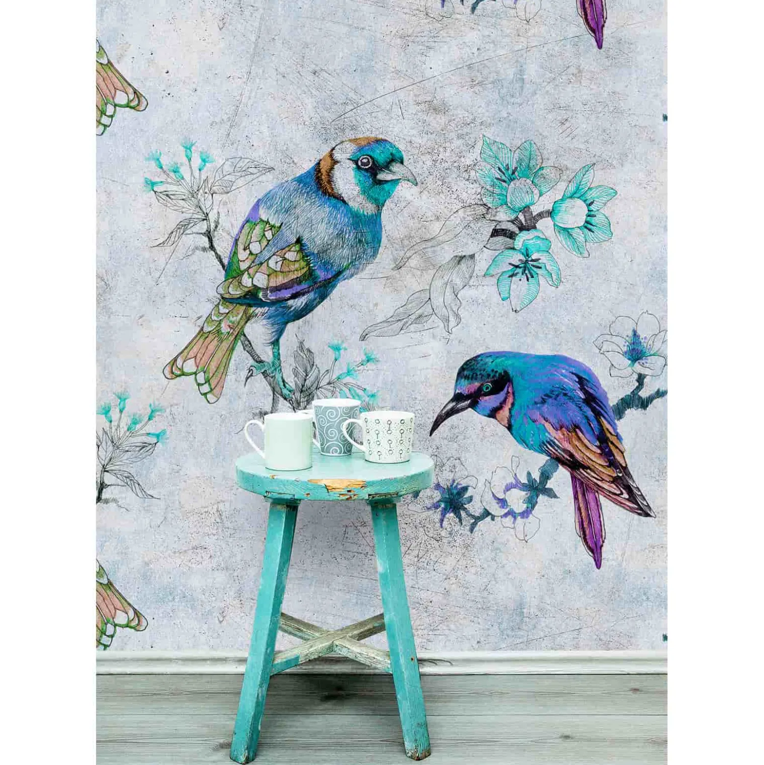 Fototapete Vlies Vögel Aquarell blau grau Premium