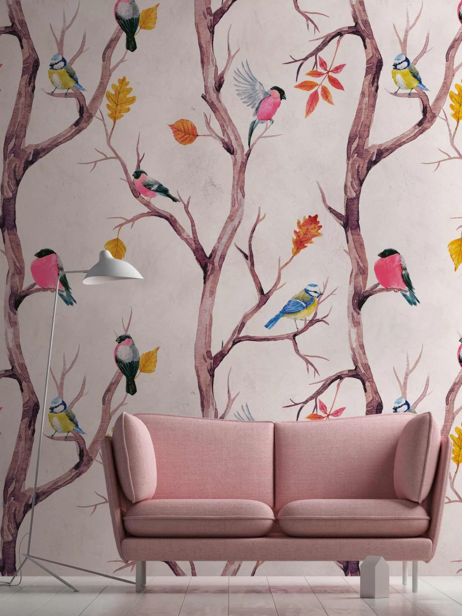 Fototapete Vlies Vögel Baum Ast rosa braun blau 38230-1