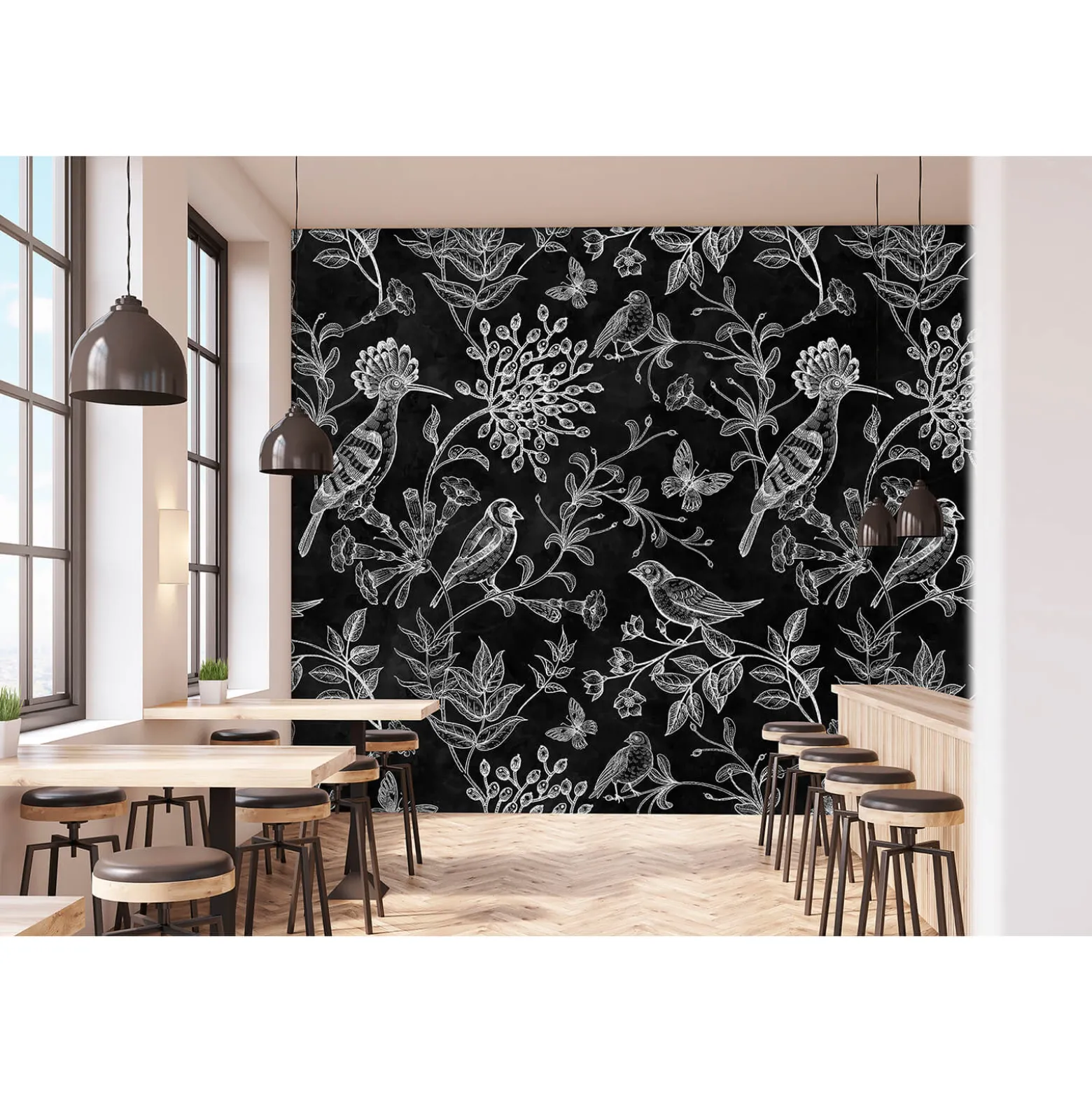 Fototapete Vlies Vögel Blumen Floral Tafel grau Premium