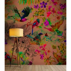 Fototapete Vlies Vögel Blumen Floral Neon orange bunt