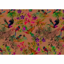 Fototapete Vlies Vögel Blumen Floral Neon orange bunt