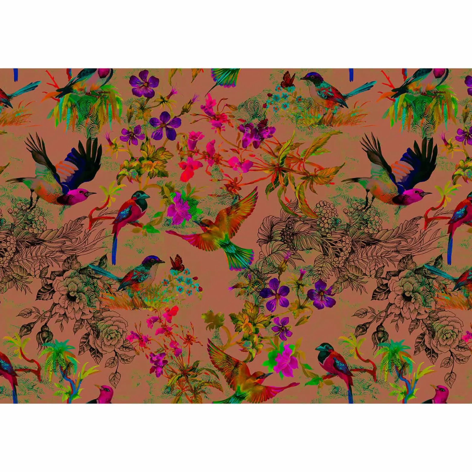 Fototapete Vlies Vögel Blumen Floral Neon orange bunt