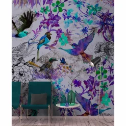 Fototapete Vlies Vögel Blumen Floral Neon grau lila