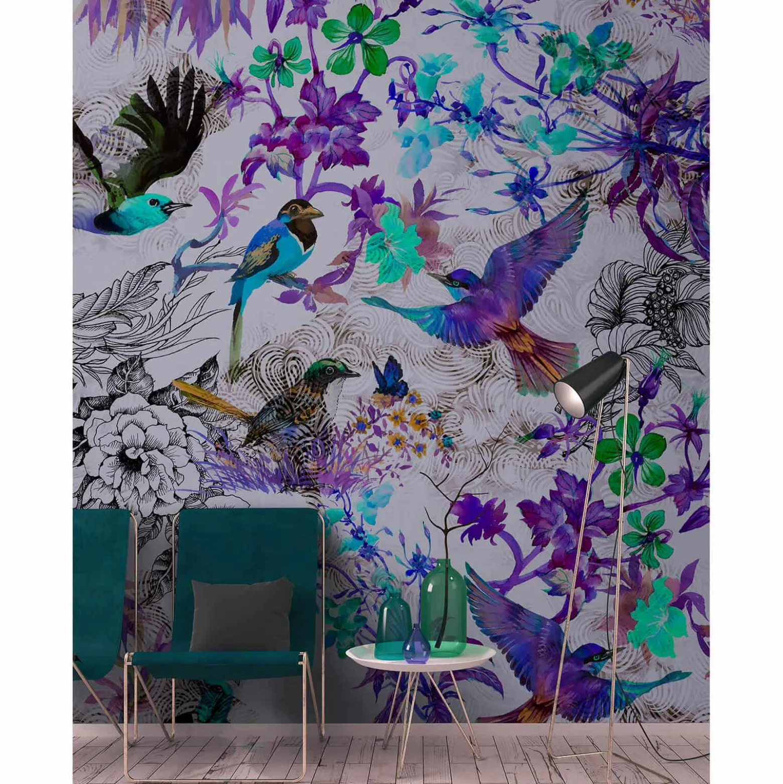 Fototapete Vlies Vögel Blumen Floral Neon grau lila