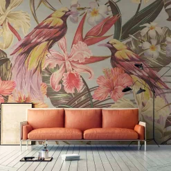 Fototapete Vlies Vögel Exotisch beige rosa rot Premium