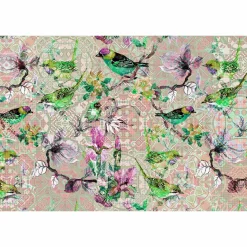 Fototapete Vlies Vögel Mosaik Floral Neon rosa bunt
