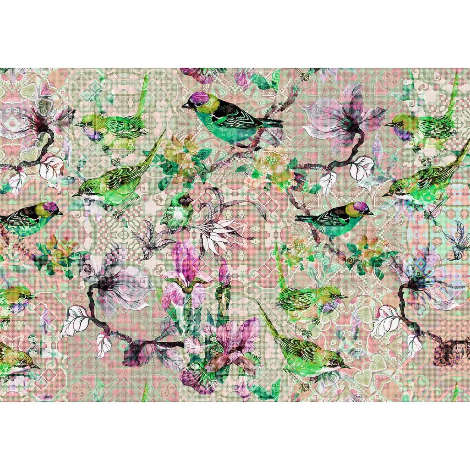 Fototapete Vlies Vögel Mosaik Floral Neon rosa bunt