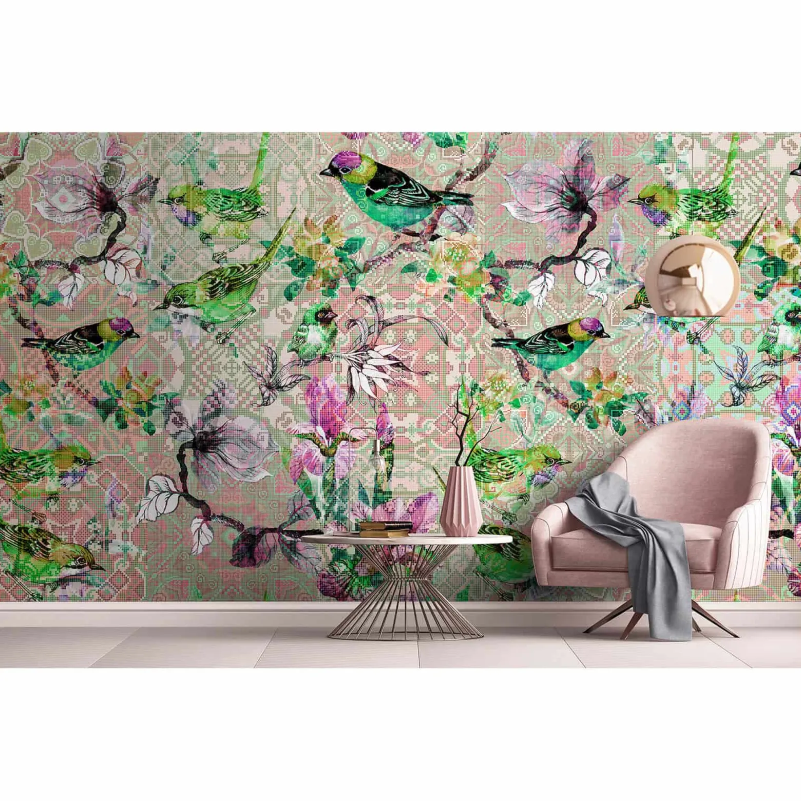 Fototapete Vlies Vögel Mosaik Floral Neon rosa bunt