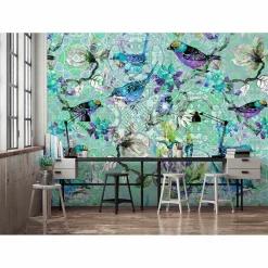 Fototapete Vlies Vögel Mosaik Floral Neon blau bunt