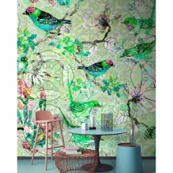 Fototapete Vlies Vögel Mosaik Floral Neon grün bunt