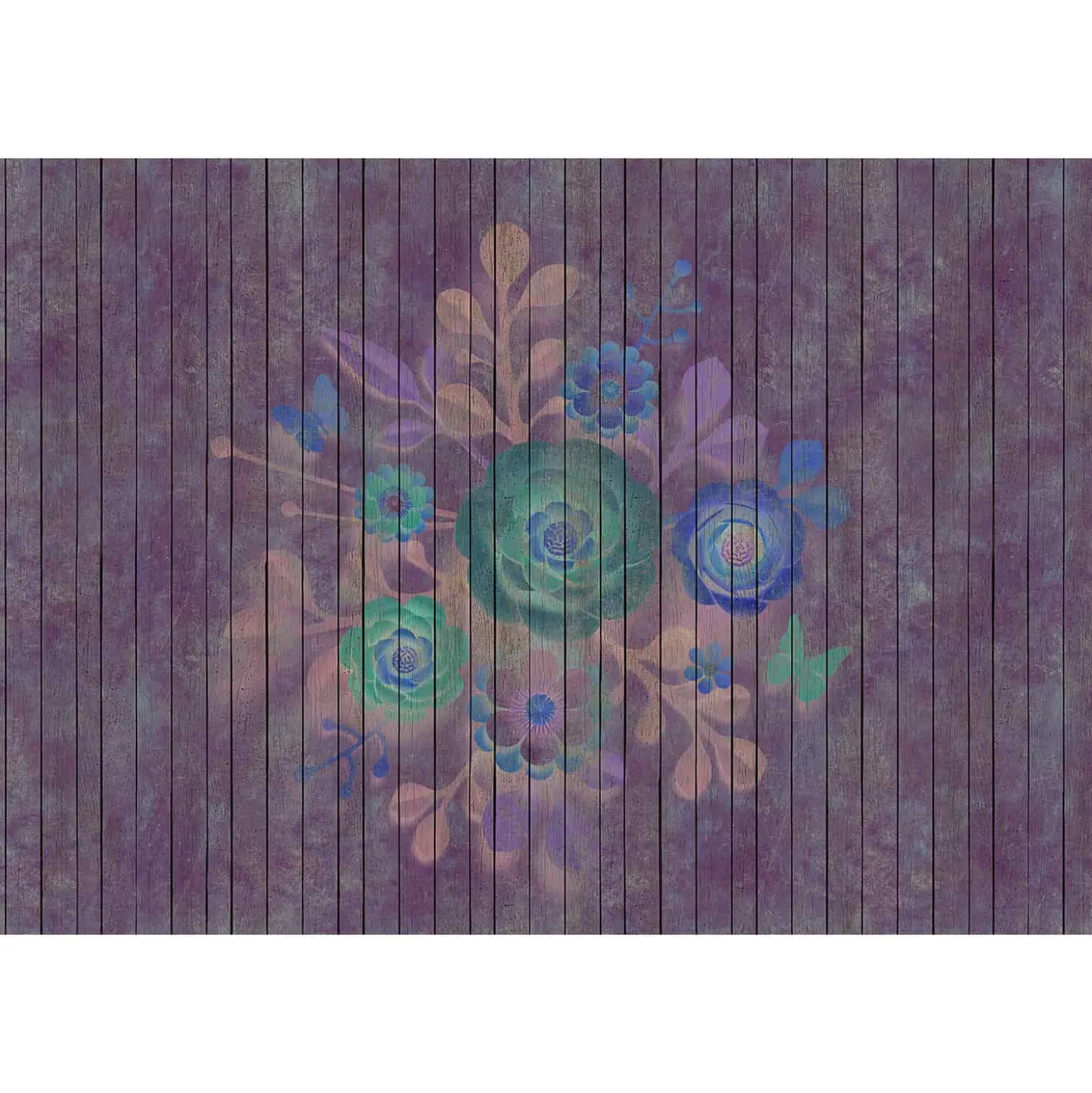 Fototapete Vlies Vintage Blumen Holz blau grün Premium