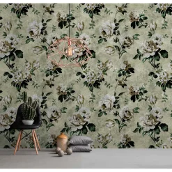 Fototapete Vlies Vintage Rosen grün grau Premium