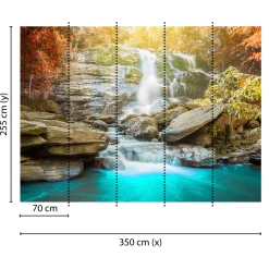 Fototapete Vlies Wasserfall Felsen Wald blau grün braun