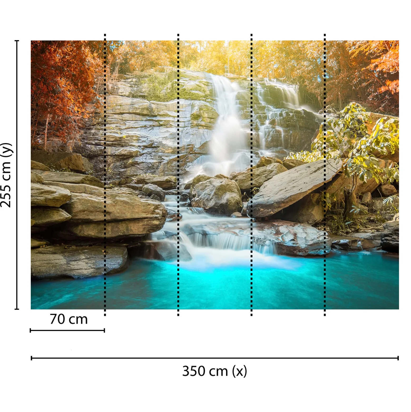 Fototapete Vlies Wasserfall Felsen Wald blau grün braun