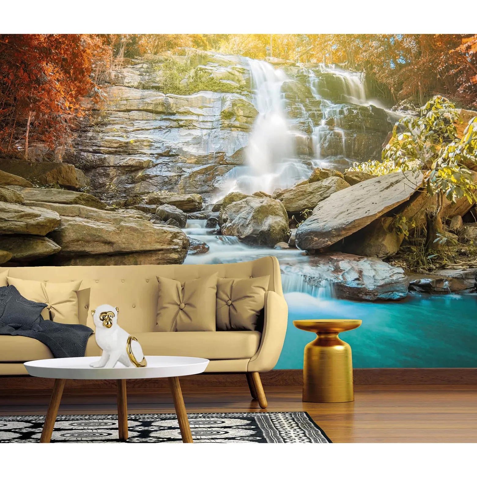 Fototapete Vlies Wasserfall Felsen Wald blau grün braun