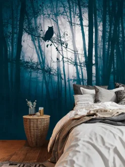 Fototapete Wald Eule Nacht Blau Schwarz 39909-1