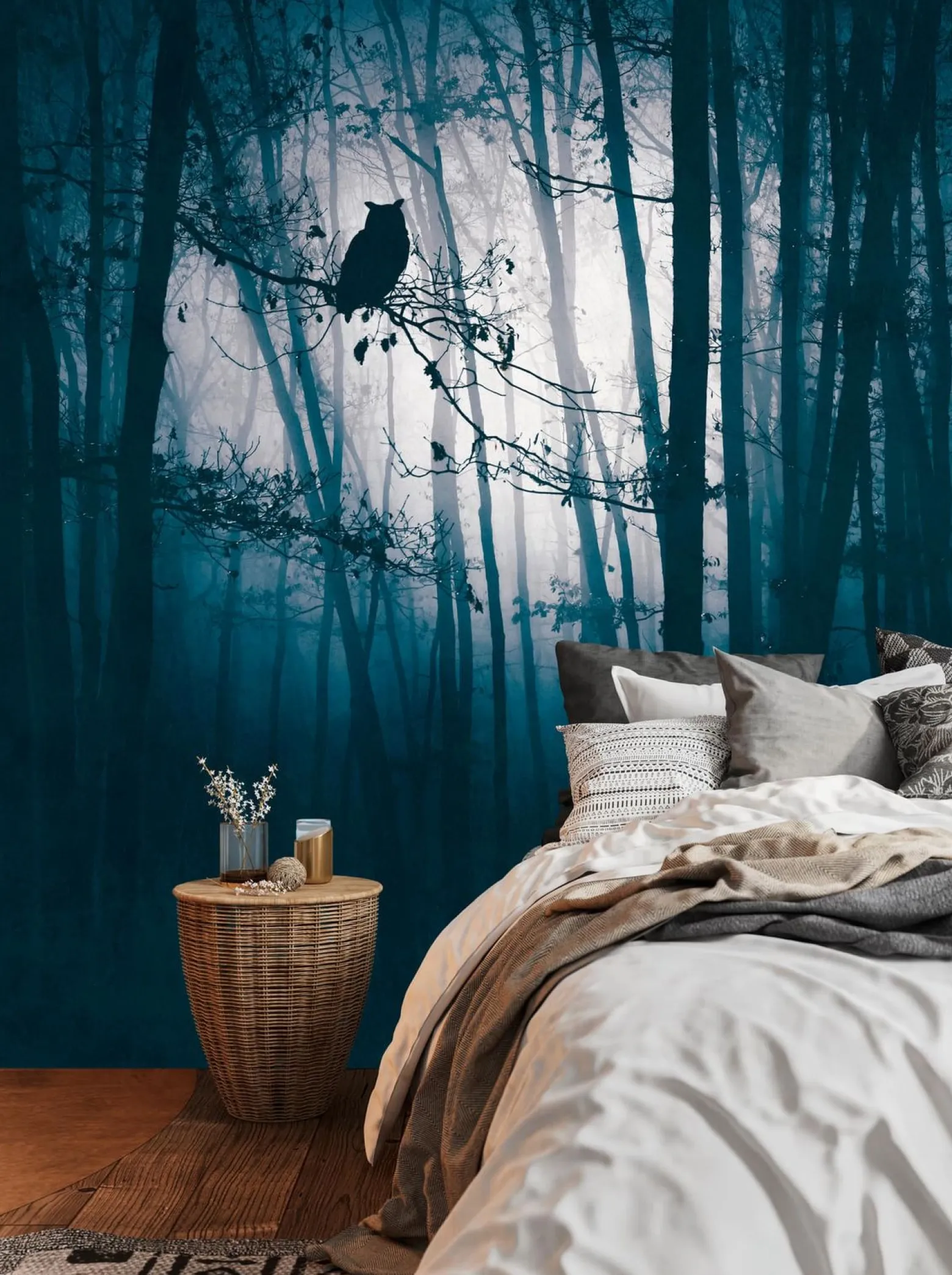 Fototapete Wald Eule Nacht Blau Schwarz 39909-1