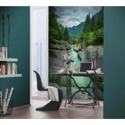Fototapete Wald Gebirge Fluss Grün Blau Grau 2527N-81