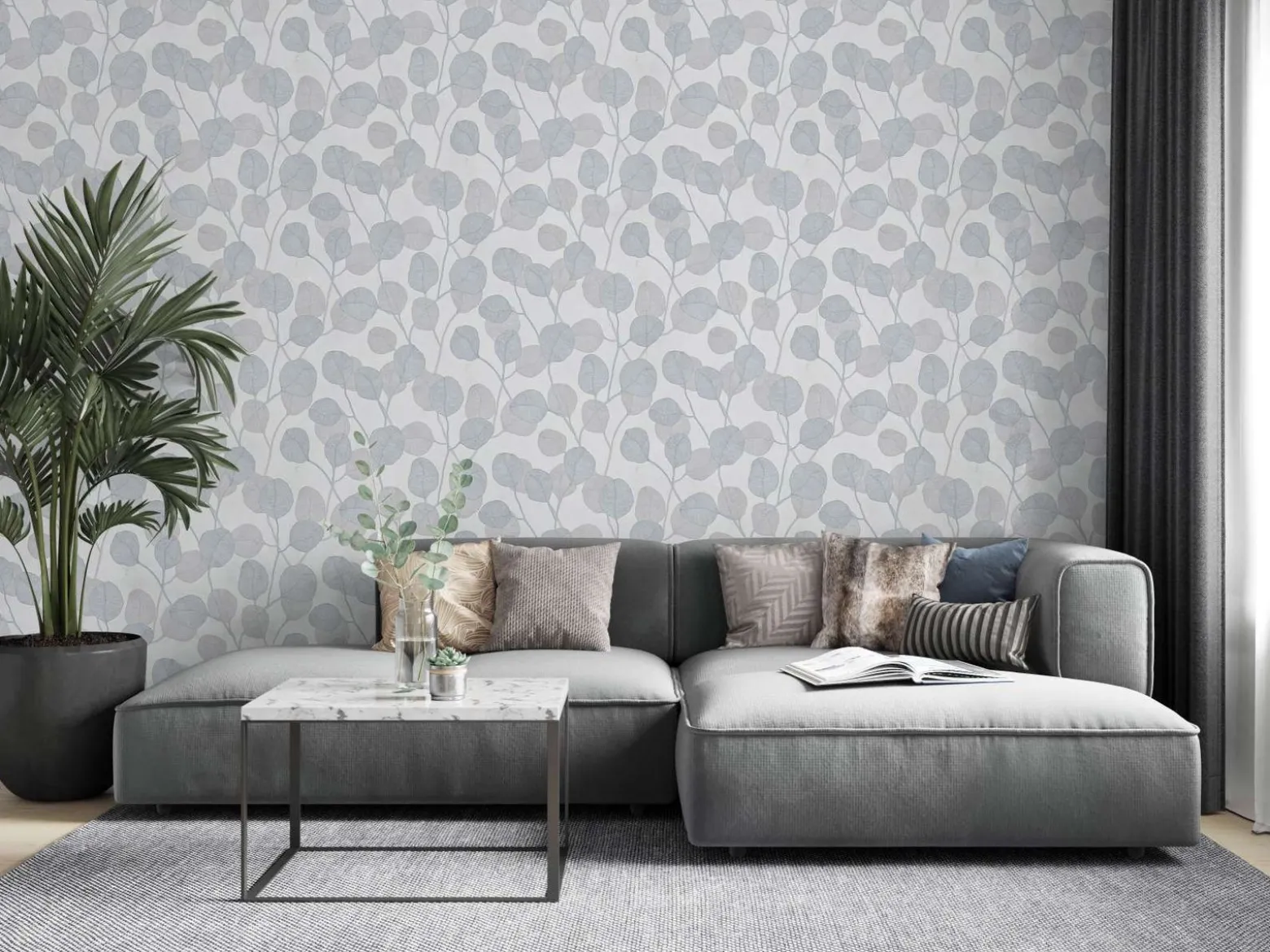GZSZ Vliestapete Floral Blätter Weiß Blau Grau 34808