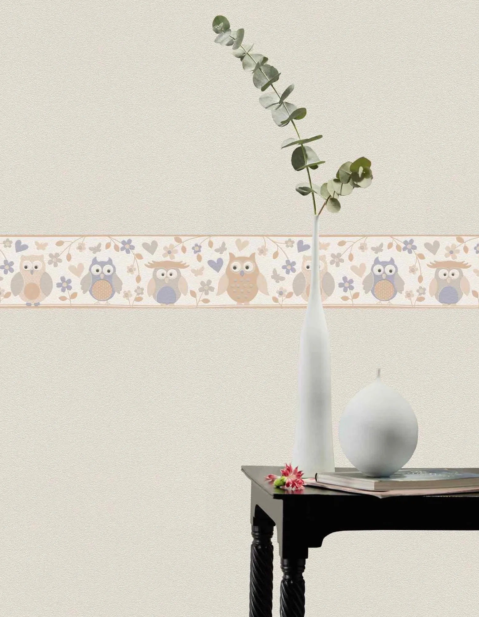 Kinderborte Eulen Blume weiß beige grau Rasch 459210