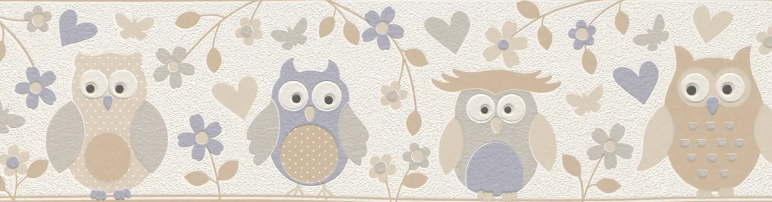 Kinderborte Eulen Blume weiß beige grau Rasch 459210