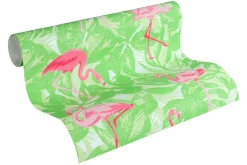 Kindertapete Flamingos Blätter grün pink Glanz 35980-2