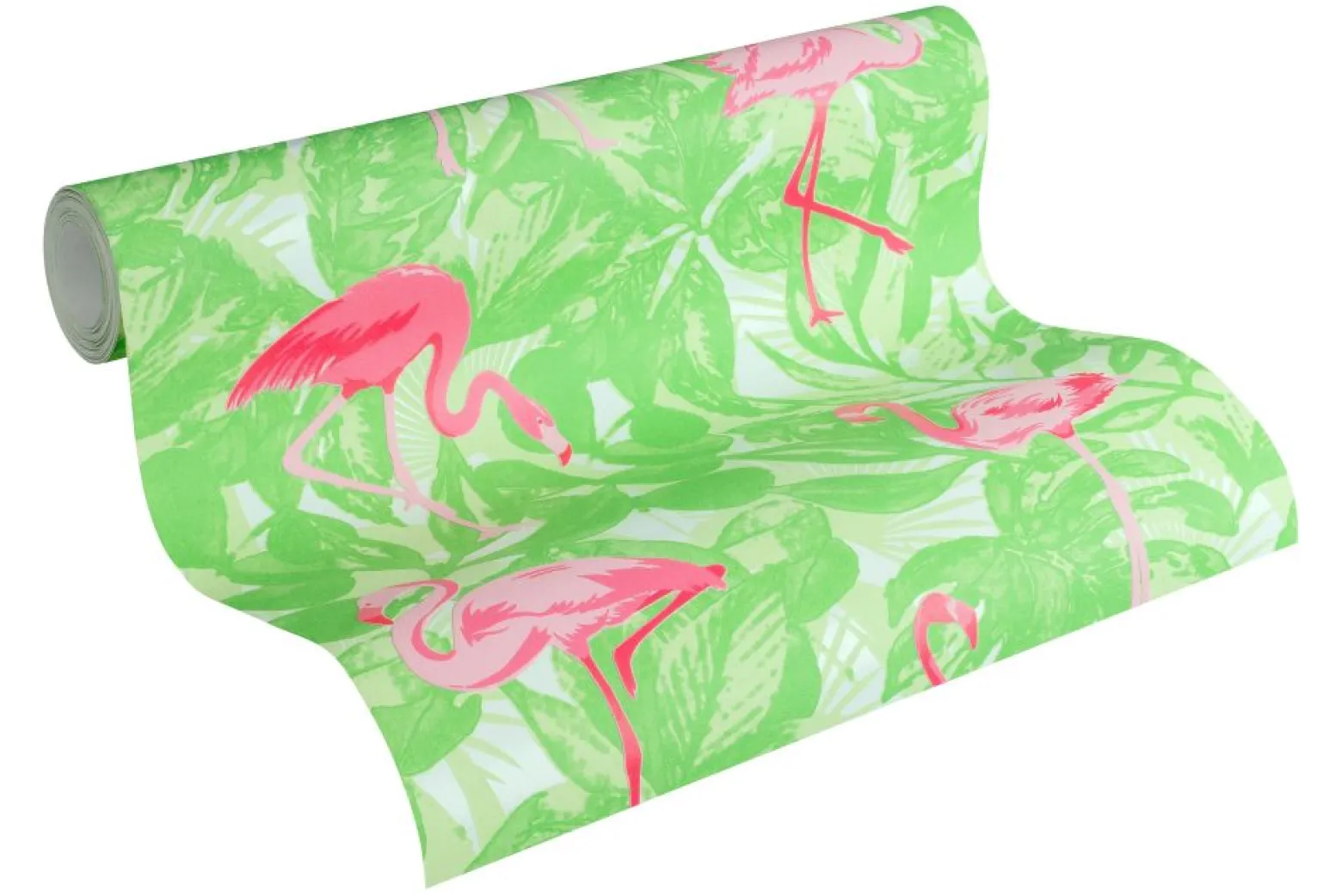 Kindertapete Flamingos Blätter grün pink Glanz 35980-2