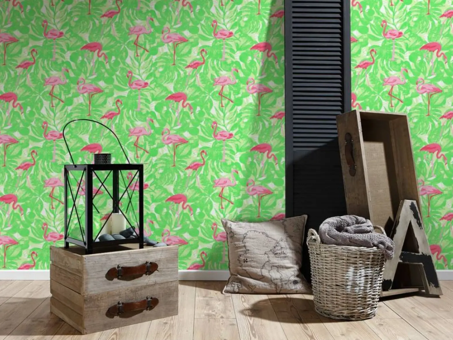 Kindertapete Flamingos Blätter grün pink Glanz 35980-2