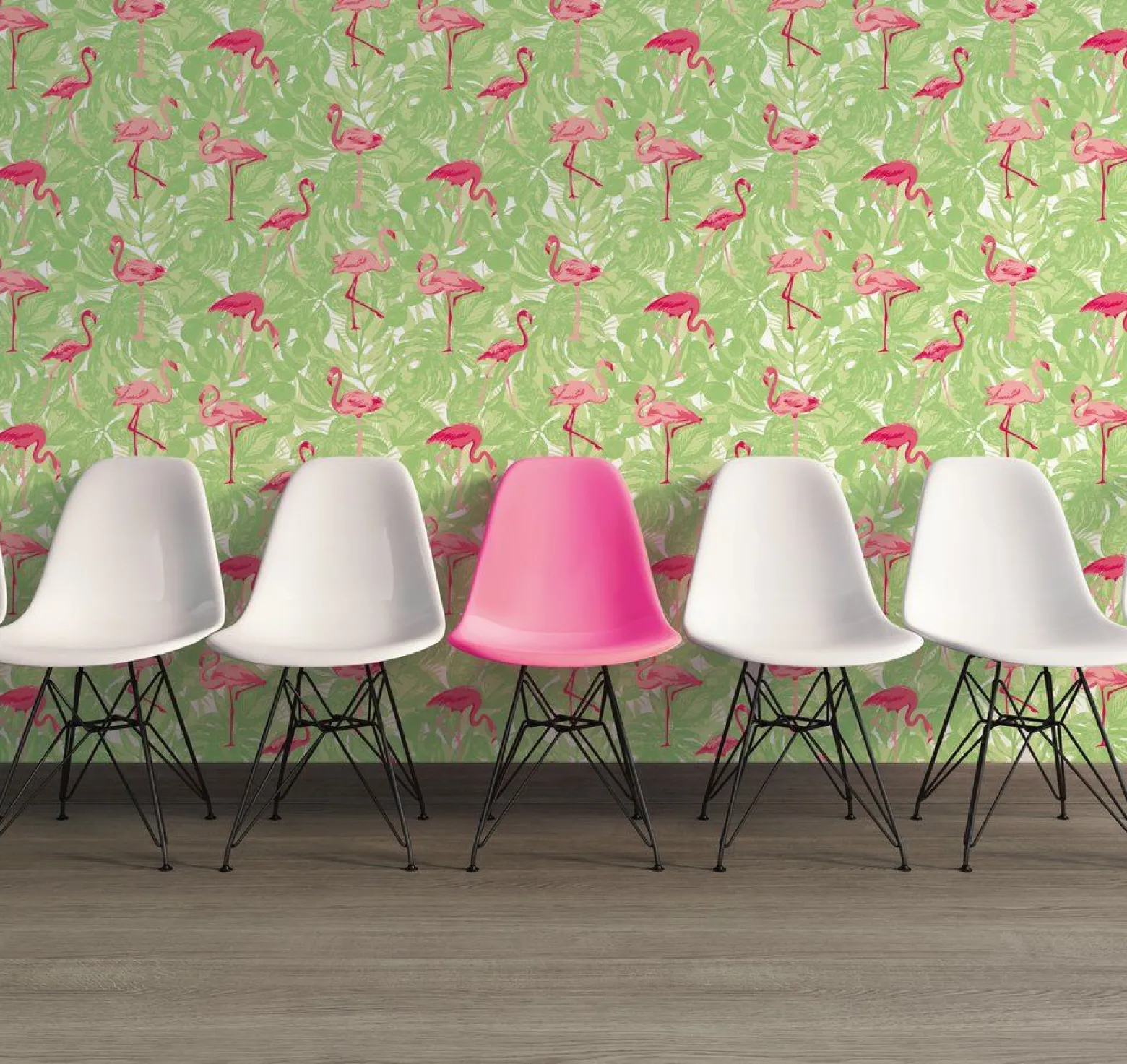 Kindertapete Flamingos Blätter grün pink Glanz 35980-2