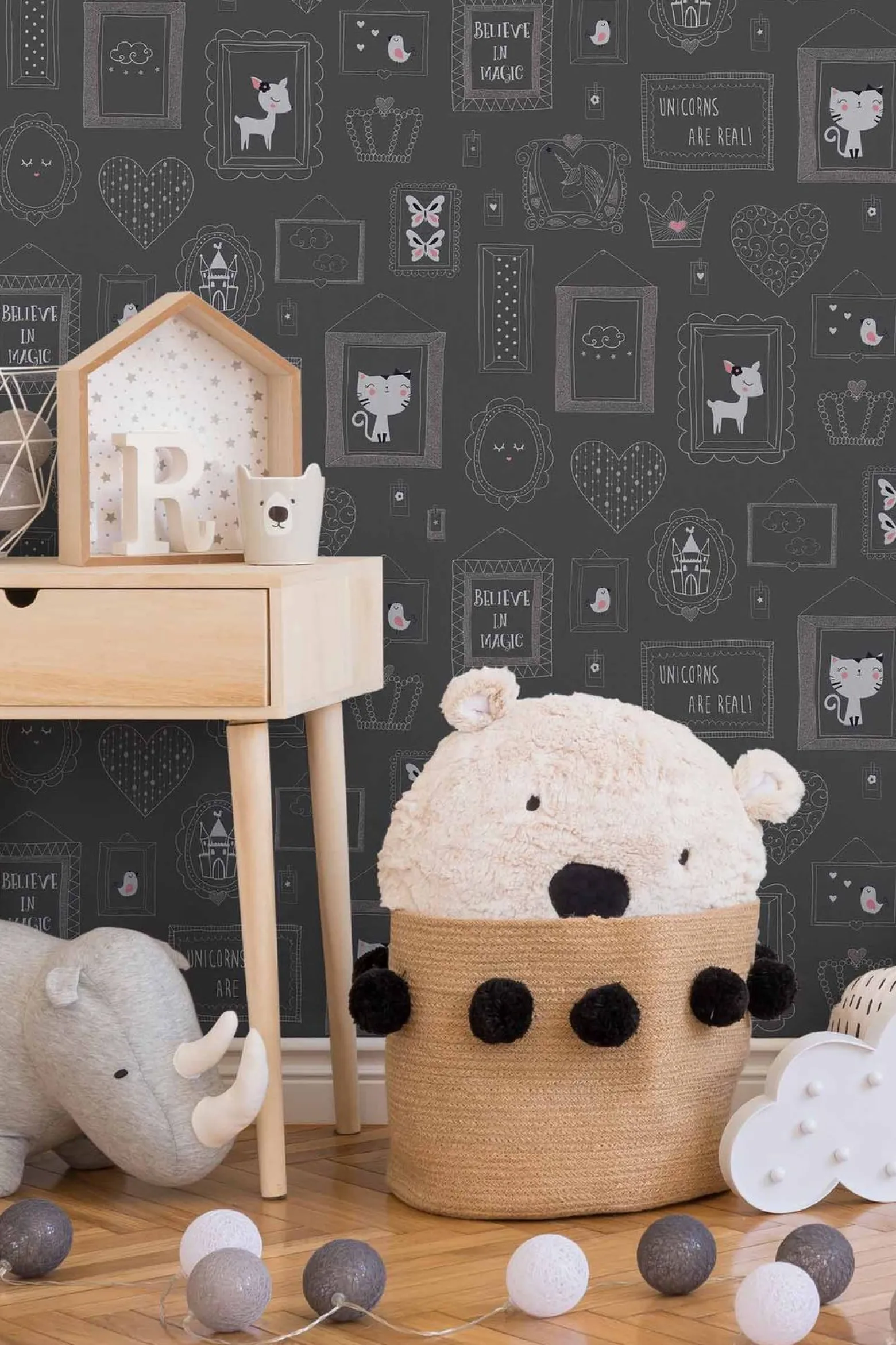 Kindertapete Katze Reh schwarz weiß Glitzer 36991-3