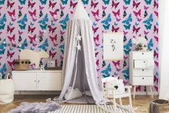Kindertapete Schmetterlinge rosa blau 93634-2