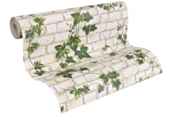 Tapete Steinmauer Efeu creme grün 9804-34