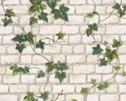Tapete Steinmauer Efeu creme grün 9804-34