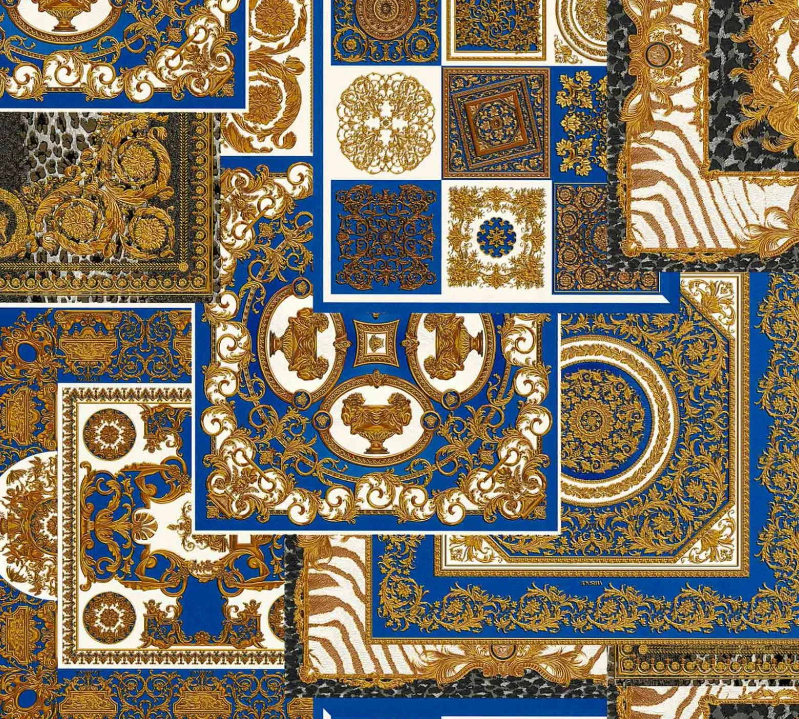 Tapete Versace Home Kacheln blau gold Metallic 370481
