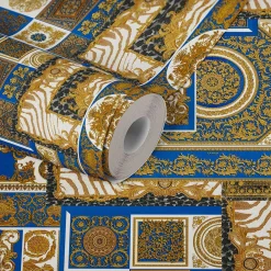Tapete Versace Home Kacheln blau gold Metallic 370481