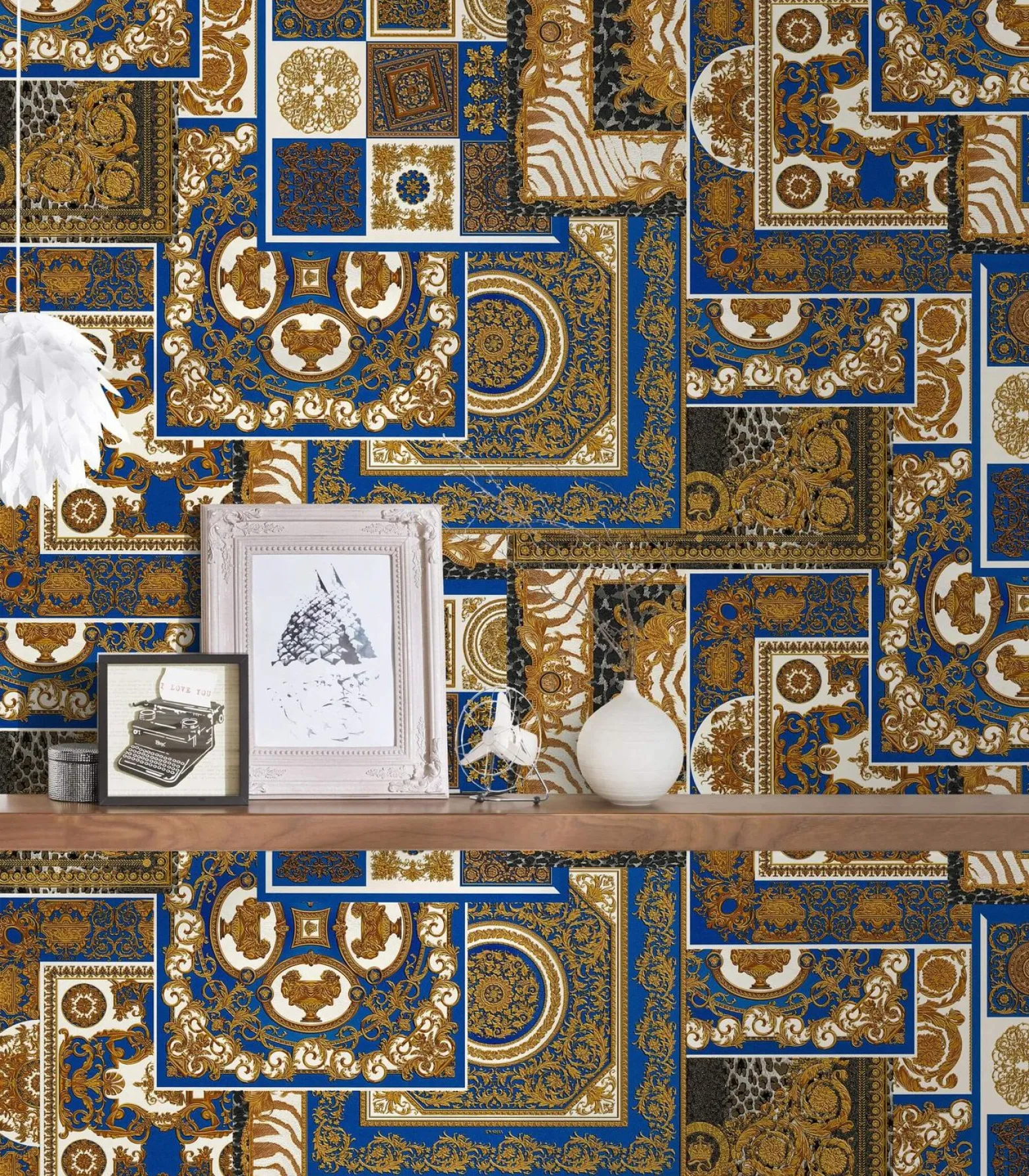 Tapete Versace Home Kacheln blau gold Metallic 370481