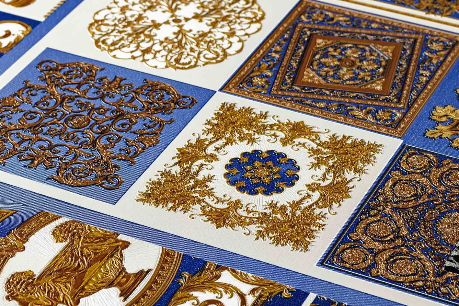 Tapete Versace Home Kacheln blau gold Metallic 370481