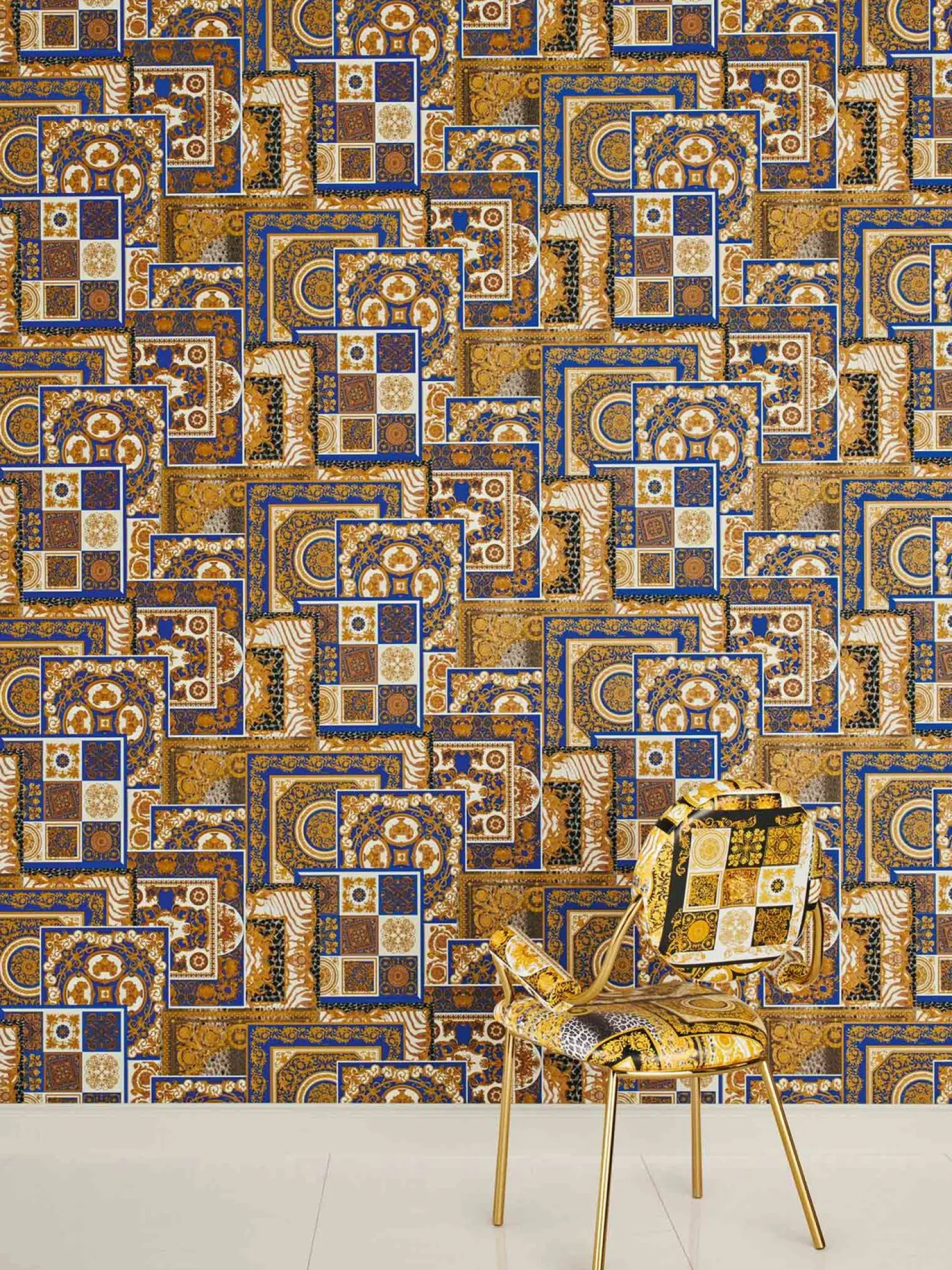 Tapete Versace Home Kacheln blau gold Metallic 370481