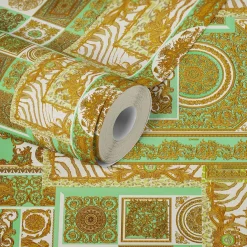 Tapete Versace Home Kacheln grün gold Metallic 370482