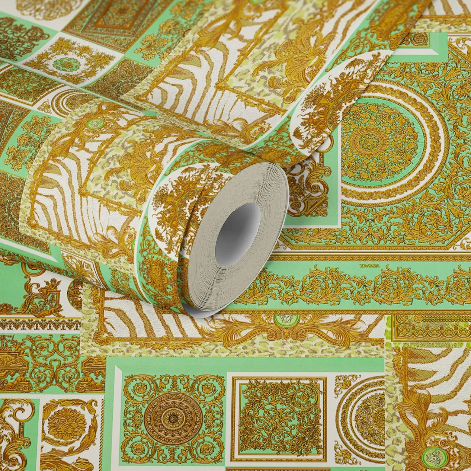 Tapete Versace Home Kacheln grün gold Metallic 370482
