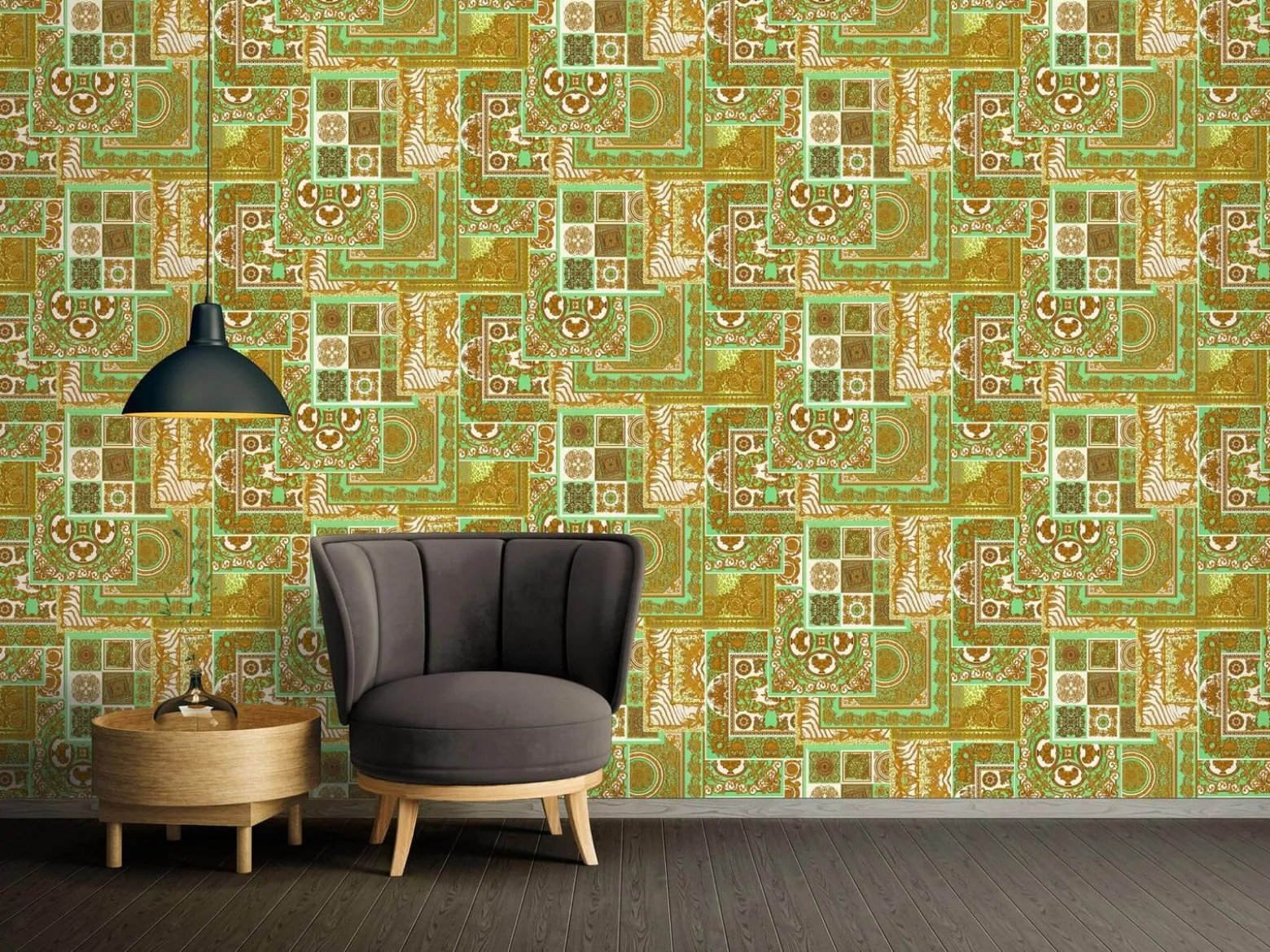Tapete Versace Home Kacheln grün gold Metallic 370482