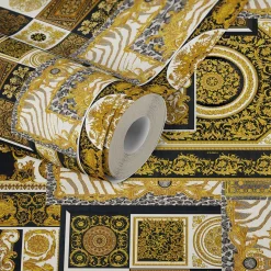 Tapete Versace Home Kacheln schwarz gold Metallic 370483