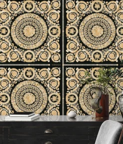 Tapete Versace Home Kacheln schwarz Metallic 370553