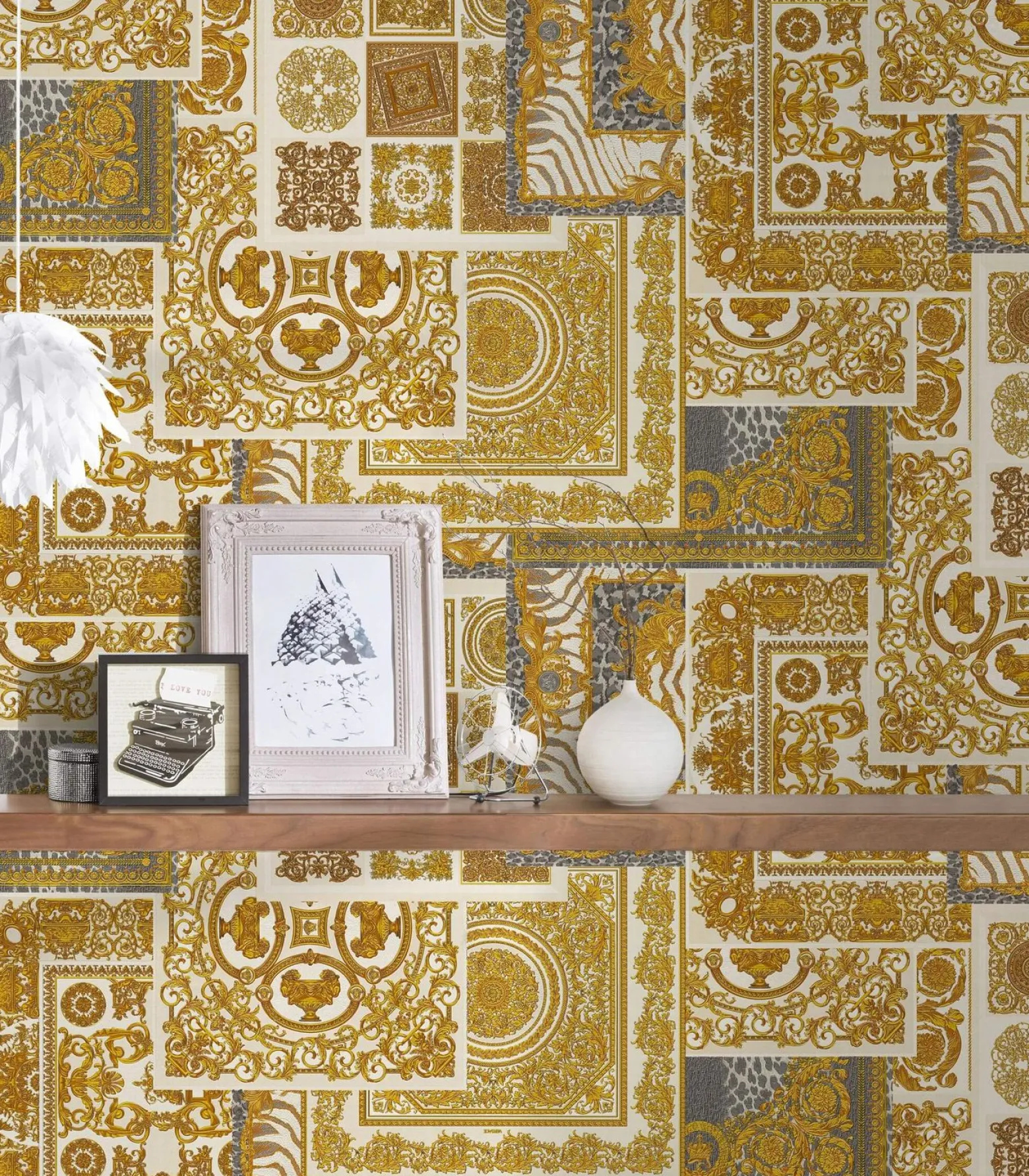 Tapete Versace Home Kacheln weiß gold Metallic 370484
