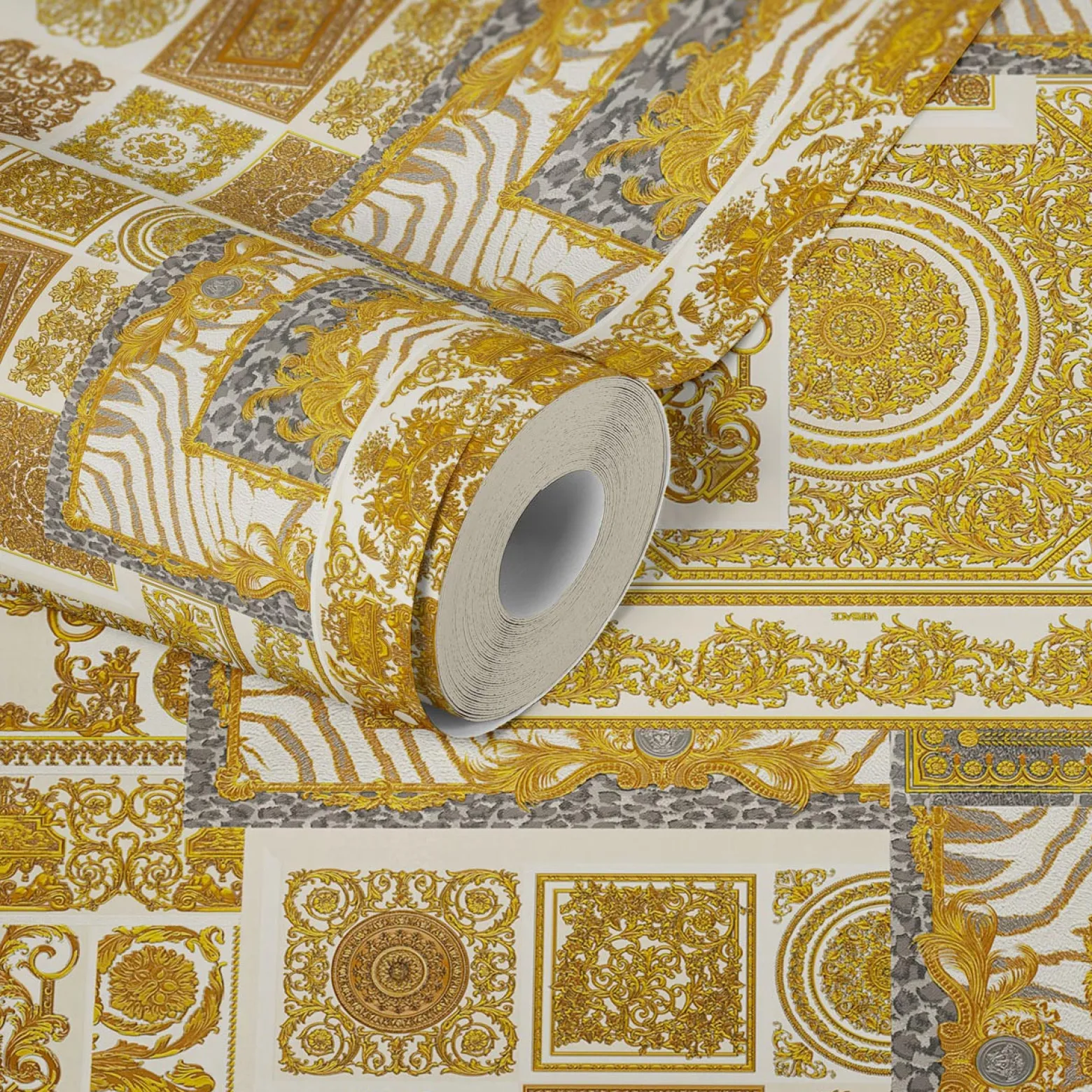 Tapete Versace Home Kacheln weiß gold Metallic 370484