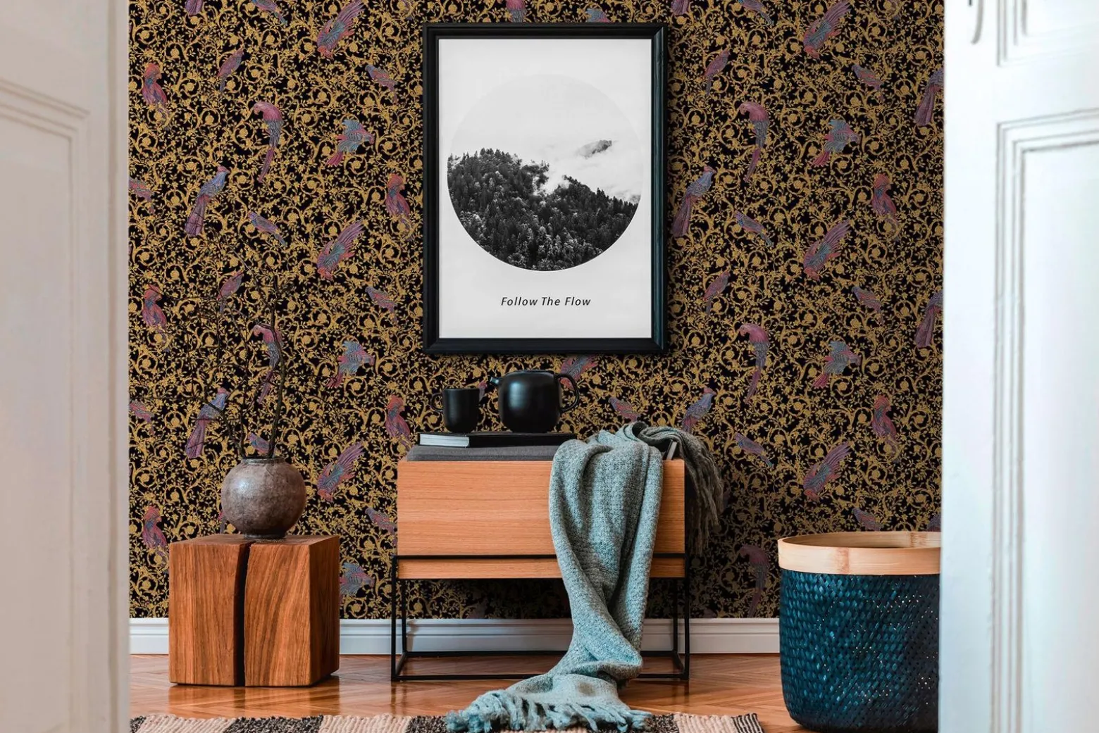 Tapete Versace Home Vögel schwarz Metallic 370531