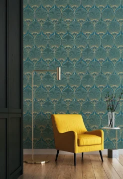 Vliestapete Art Deco Fächer Grün Gold Metallic A54902