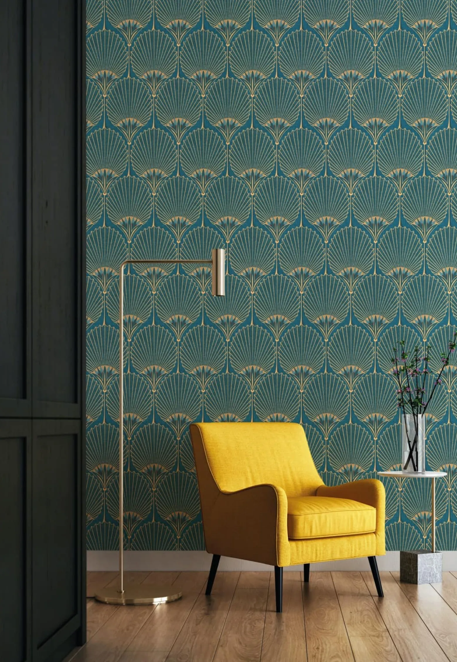 Vliestapete Art Deco Fächer Grün Gold Metallic A54902