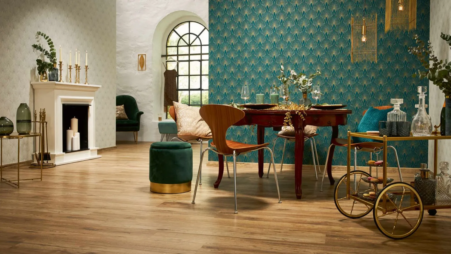 Vliestapete Art Deco türkis gold Metallic 37427-5
