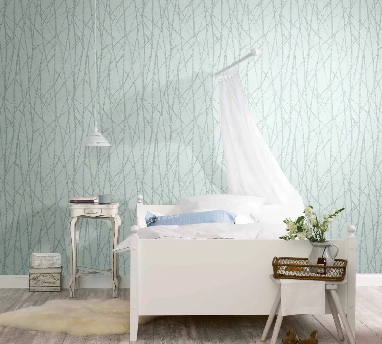 Vliestapete Astmuster Floral blassgrün blau Glanz 6747-10